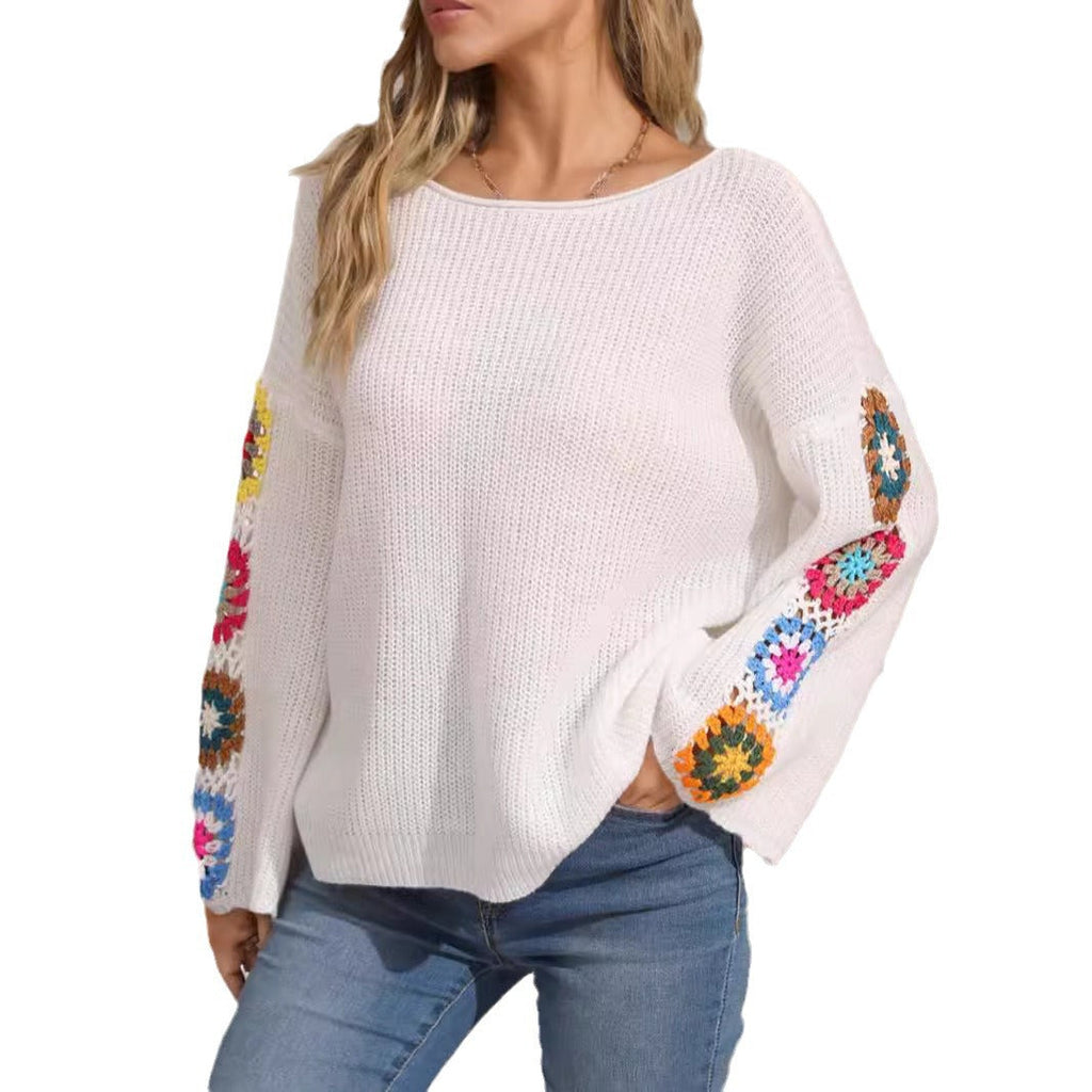 Women's Striped Knit Sweater with Floral Appliqués