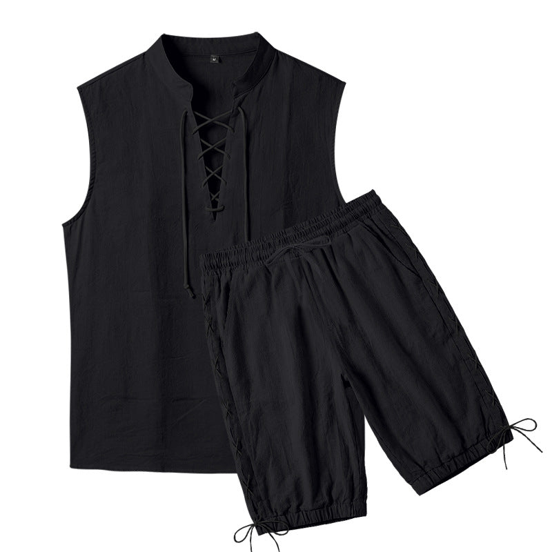 Men's Sleeveless Leisure Set with Lace Collar and Drawstring Bermuda
