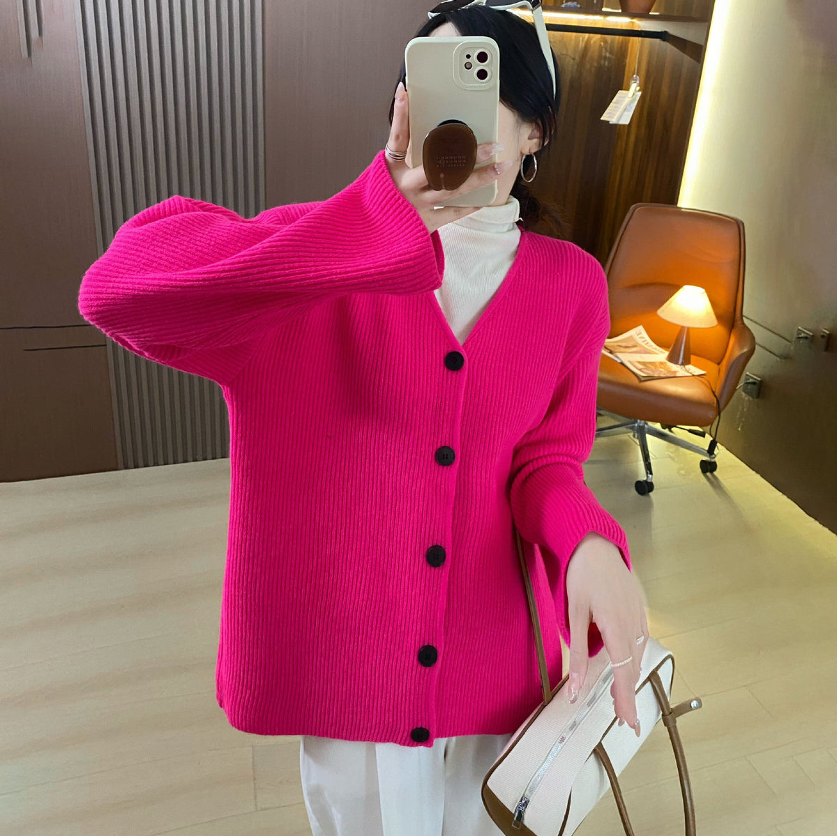 Women's Chunky Knit Cardigan with Drop Shoulders and Button Closure