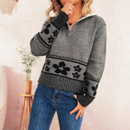 Women's Chunky Knit Sweater with Floral Patterns and Practical Half-Sleeves