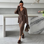 Women's Elegant Knit Ensemble with Wrap Jacket and Pencil Skirt