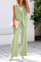 Women's Sleeveless Blazer Set with Wide-Leg Trousers