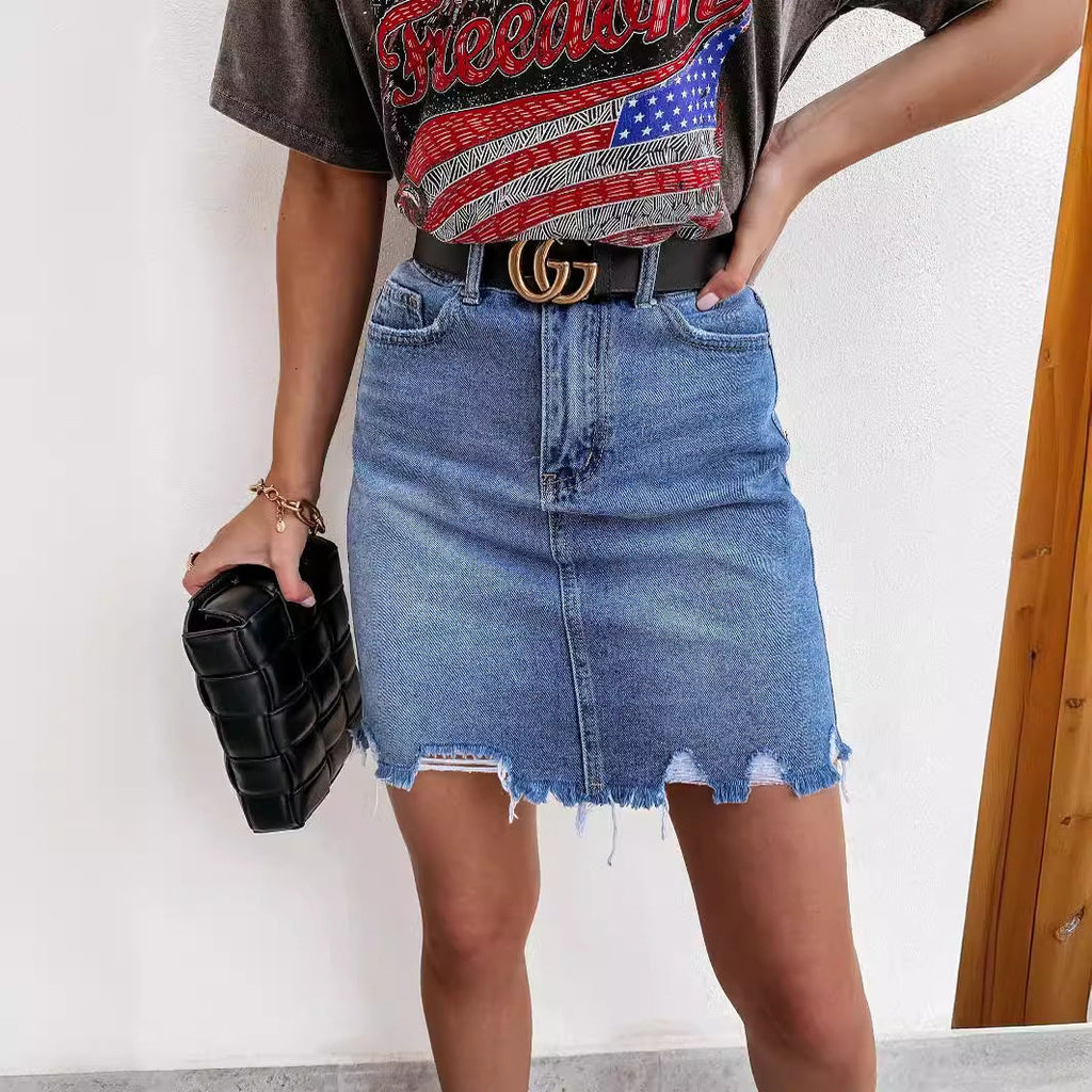 Women's High-Waisted Denim Skirt with Frayed Hem