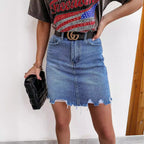 Women's High-Waisted Denim Skirt with Frayed Hem