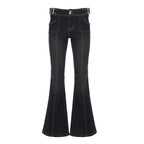 Women's Flared Jeans with Decorative Stitching and Adjustable Waist
