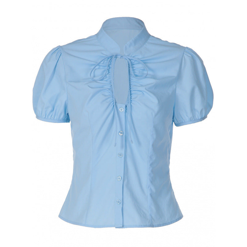 Women's Blouse with Ruffle Details and Decorative Bow
