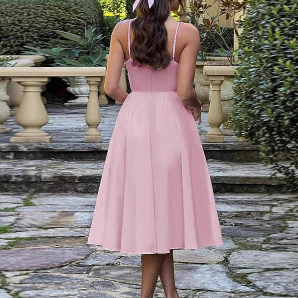 Elegant A-Line Midi Dress with Spaghetti Straps