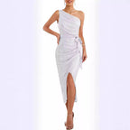 Women's Asymmetrical Evening Dress with Sequins and High Slit