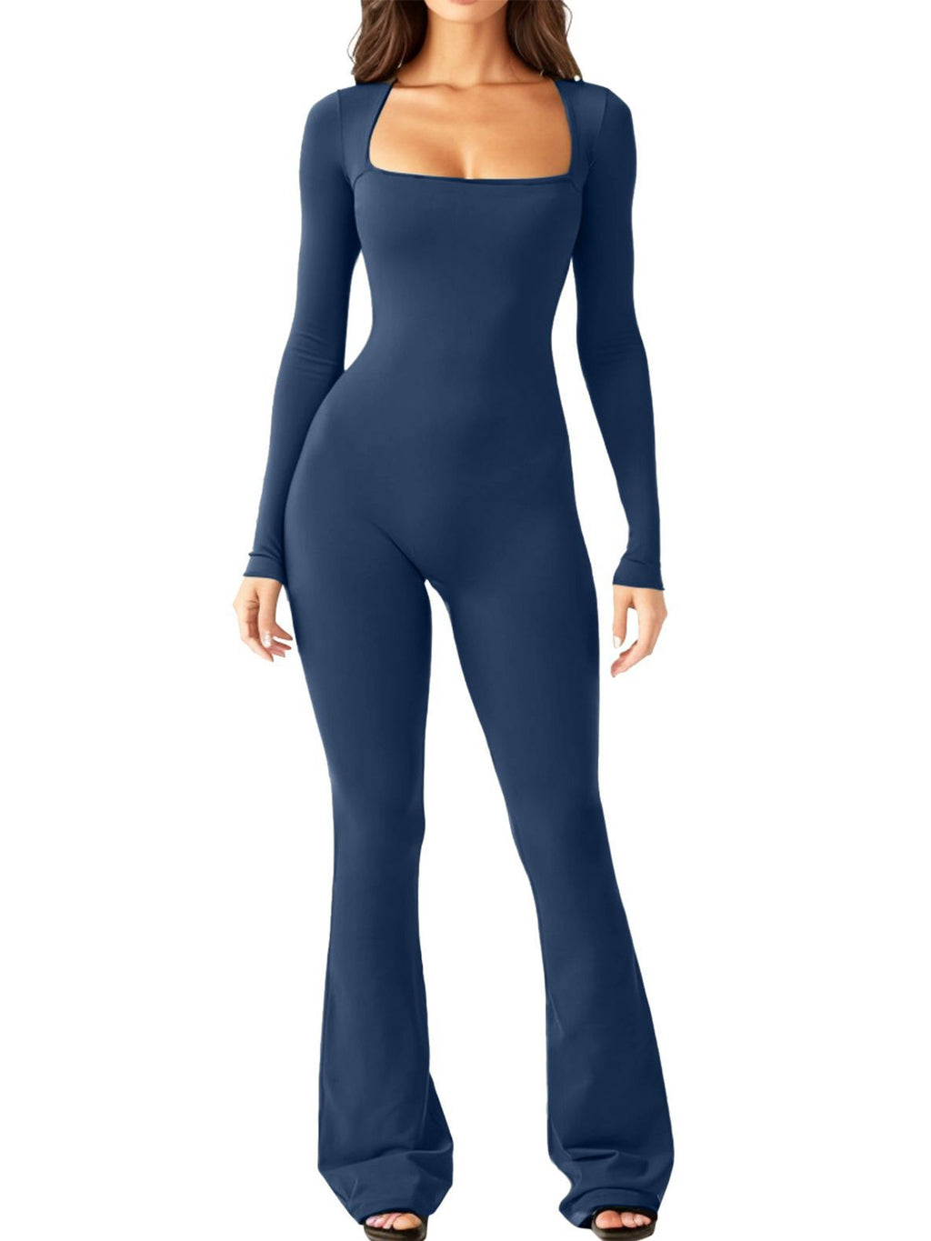 Women's Long Sleeve Romper with Square Neck and Wide Leg