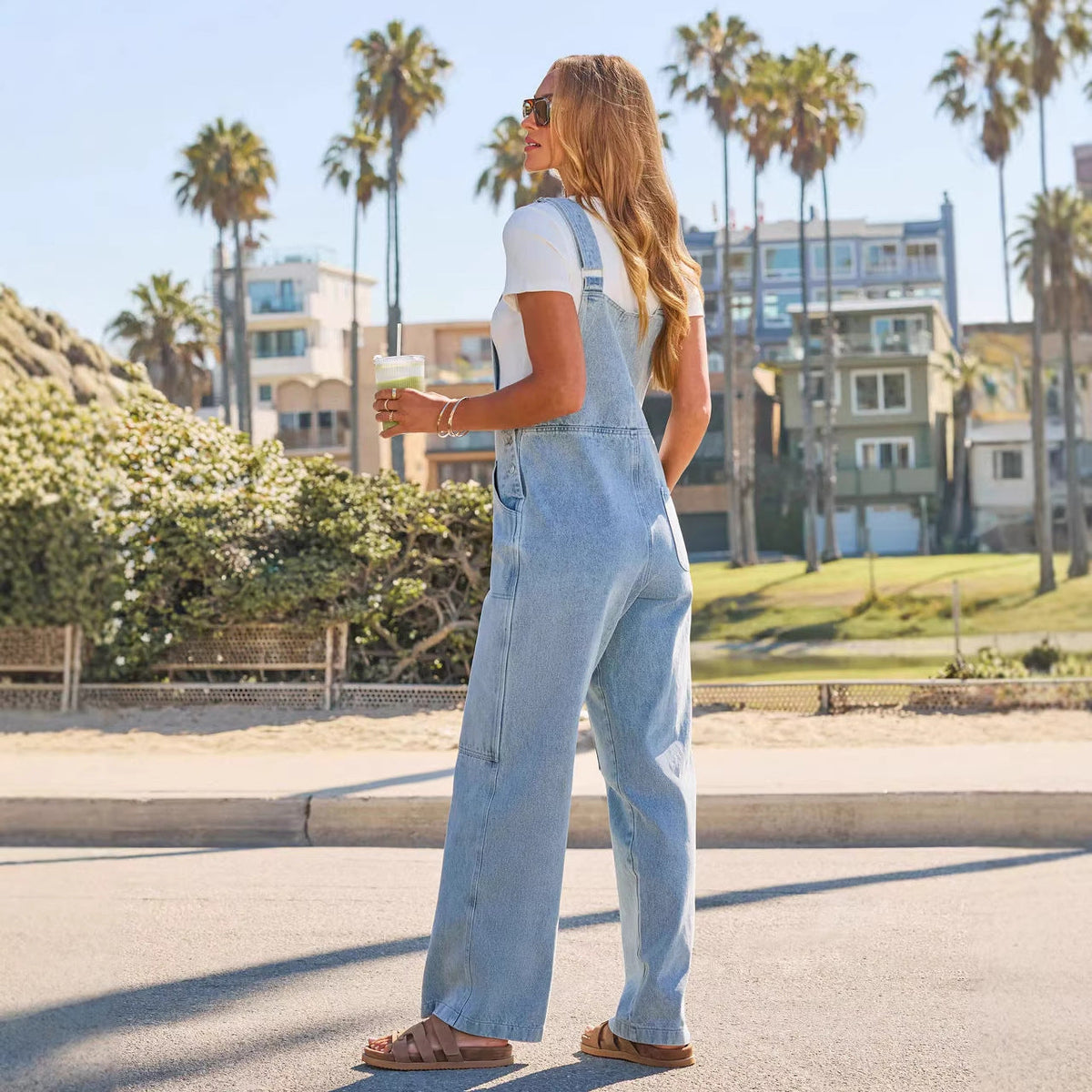 Women's Casual Denim Overall with Wide Leg and Pockets