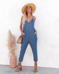 Women's Casual Jumpsuit with Deep V-Neck and Side Pockets