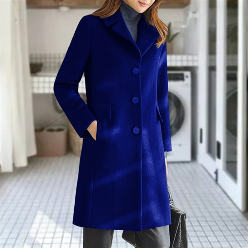 Women's Elegant Wool Coat with Classic Collar and Pockets