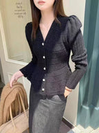 Elegant Knit Cardigan with Textured Design and Puff Sleeves