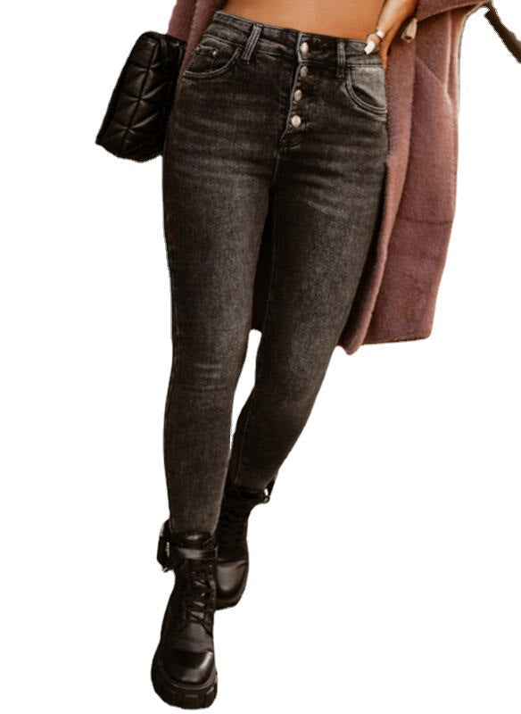 Women's High-Waisted Slim-Fit Jeans with Classic Button Closure