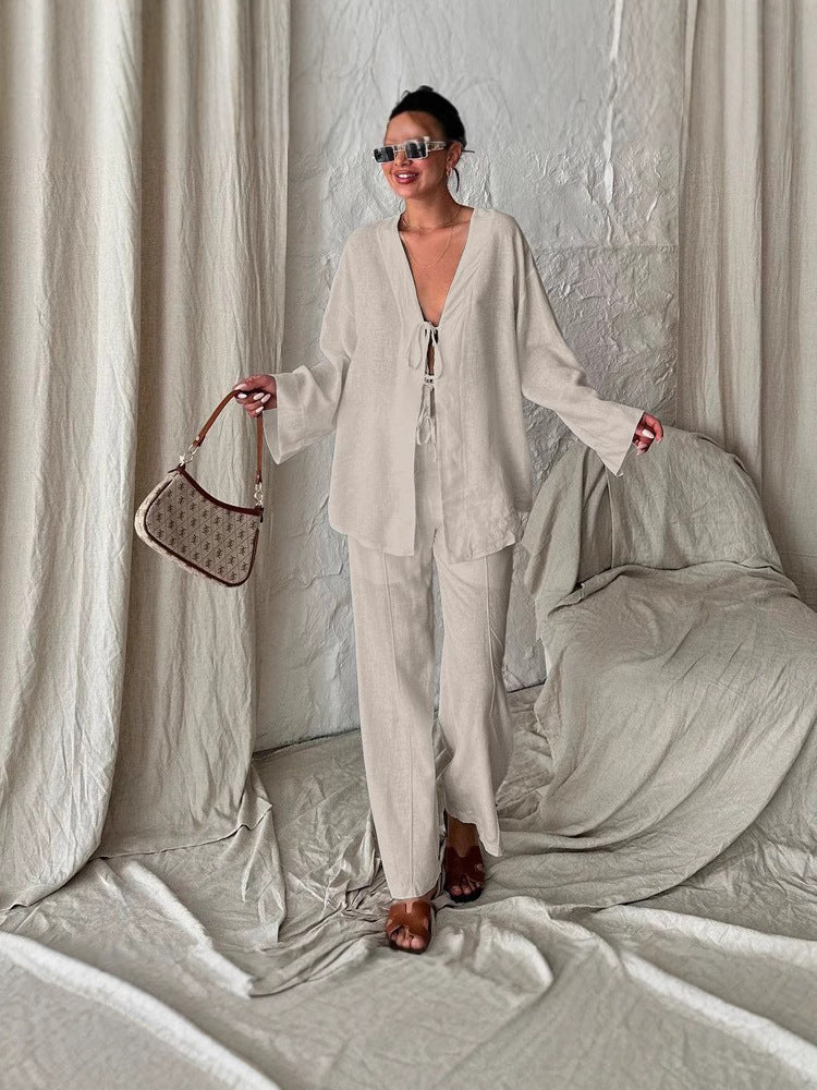 Women's Casual Two-Piece Set with Wide-Cut Top and Comfortable Pants