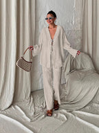 Women's Casual Two-Piece Set with Wide-Cut Top and Comfortable Pants