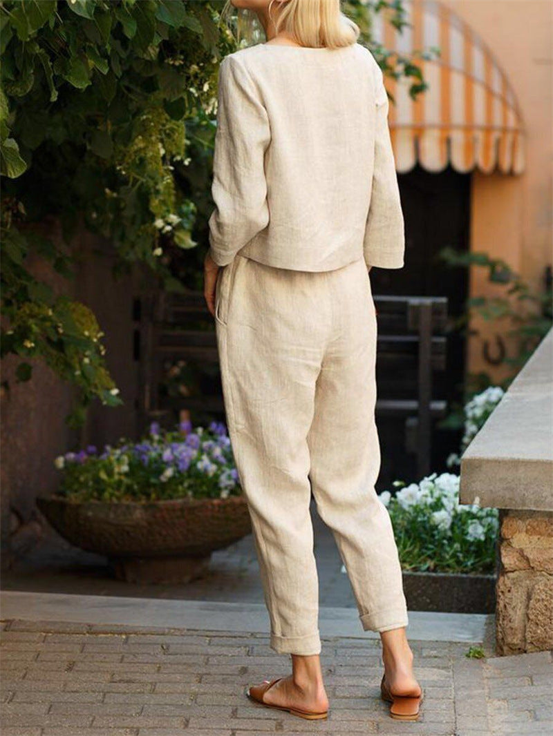 Women's Casual Two-Piece Linen Outfit with Wide Waistband