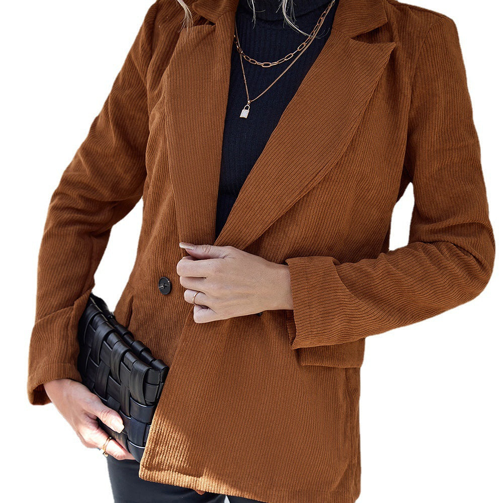 Women's Corduroy Jacket with Double-Button Design and Side Pockets
