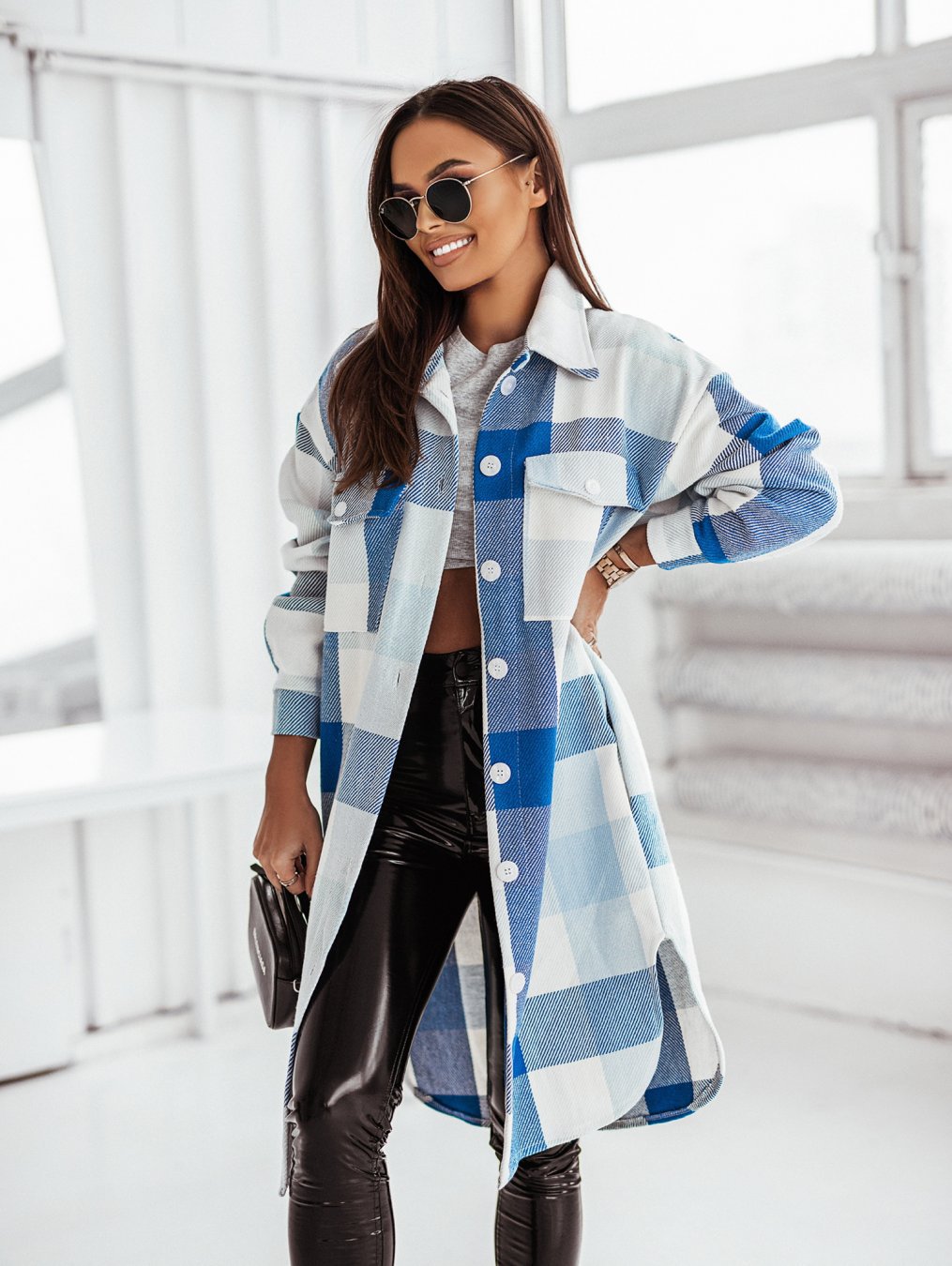 Women's Plaid Button-Front Coat with Rounded Hem