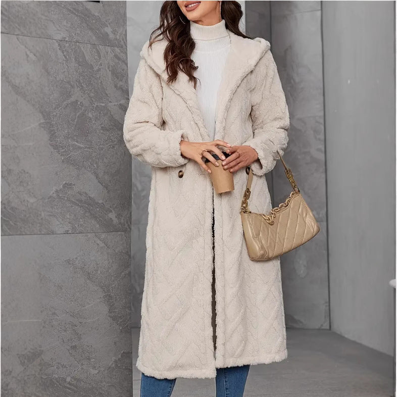 Women's Fluffy Coat with Hood and Button Closure