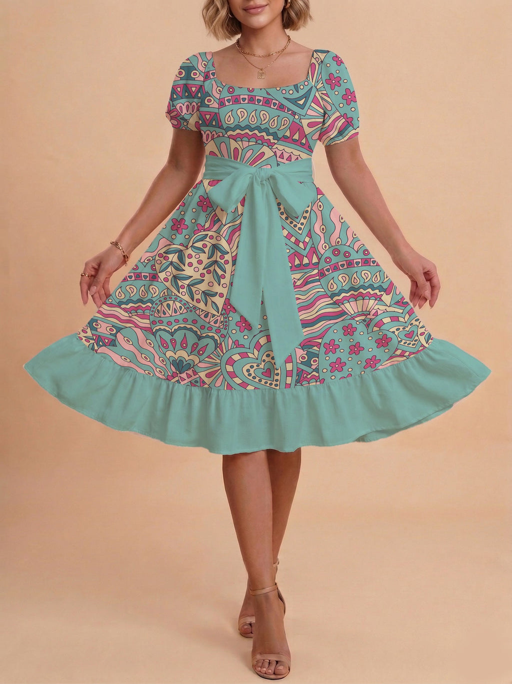 Women's A-Line Dress with Floral Motifs and Adjustable Belt