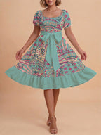 Women's A-Line Dress with Floral Motifs and Adjustable Belt