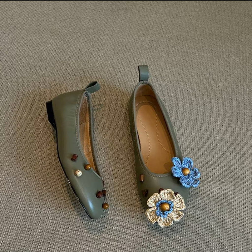 Women's Ballet Flats with Floral Decor and Shimmering Surface