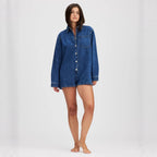 Women's Short-Sleeve Denim Jumpsuit with Pockets