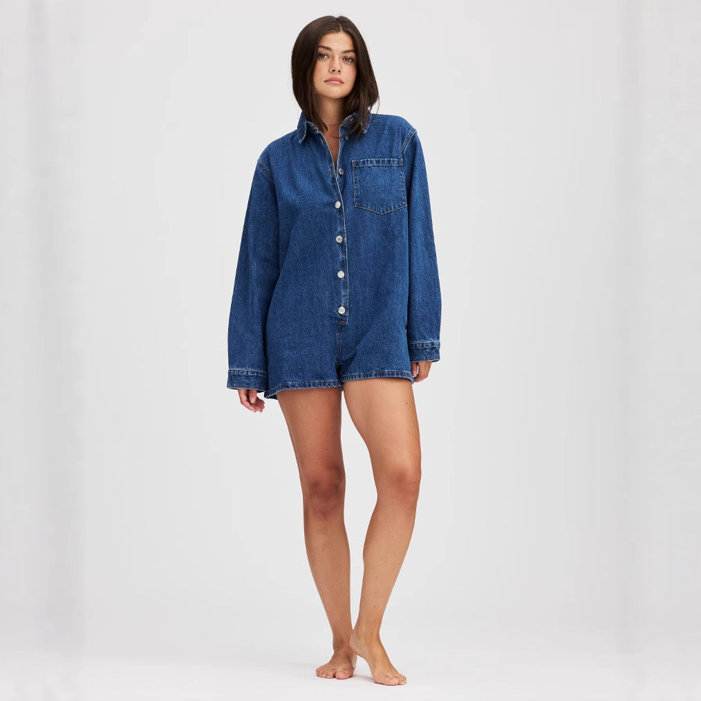 Women's Short-Sleeve Denim Jumpsuit with Pockets