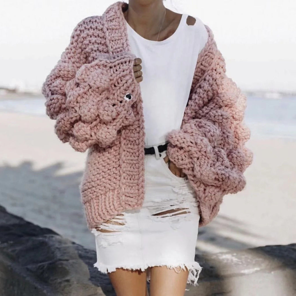 Women's Chunky Knit Oversized Cardigan with Voluminous Sleeves