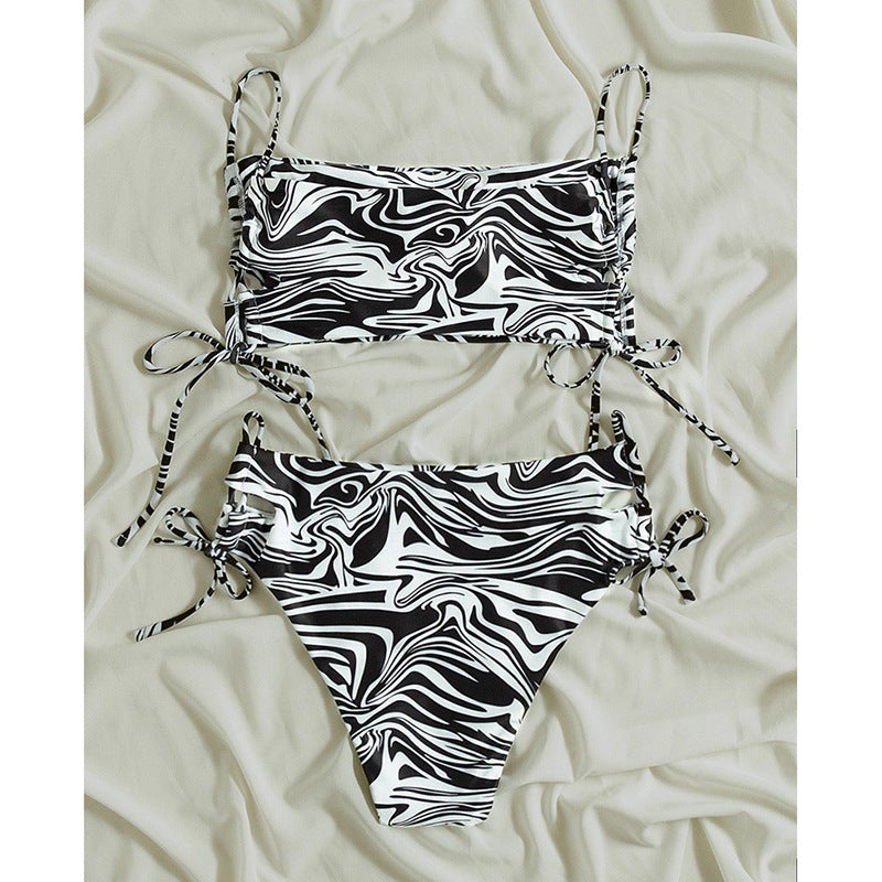 Women's Swimsuit Set with Adjustable Ties and Modern Marble Pattern