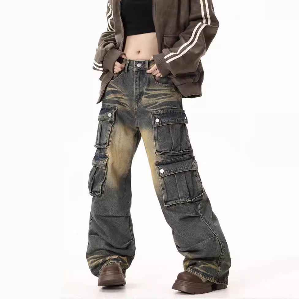 Women's Wide-Leg Cargo Jeans with Side Pockets