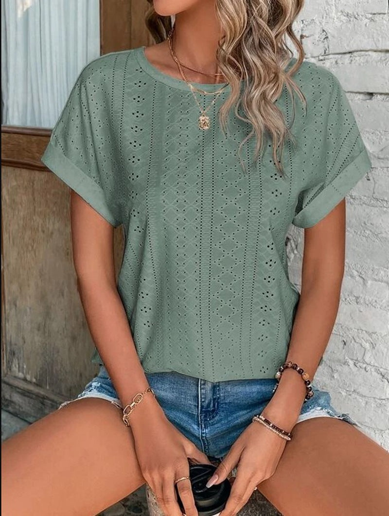 Women's Breathable Crew Neck T-Shirt with Eyelet Pattern