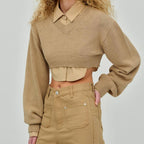 Women's Cropped Pullover with V-Neck and Long Sleeves