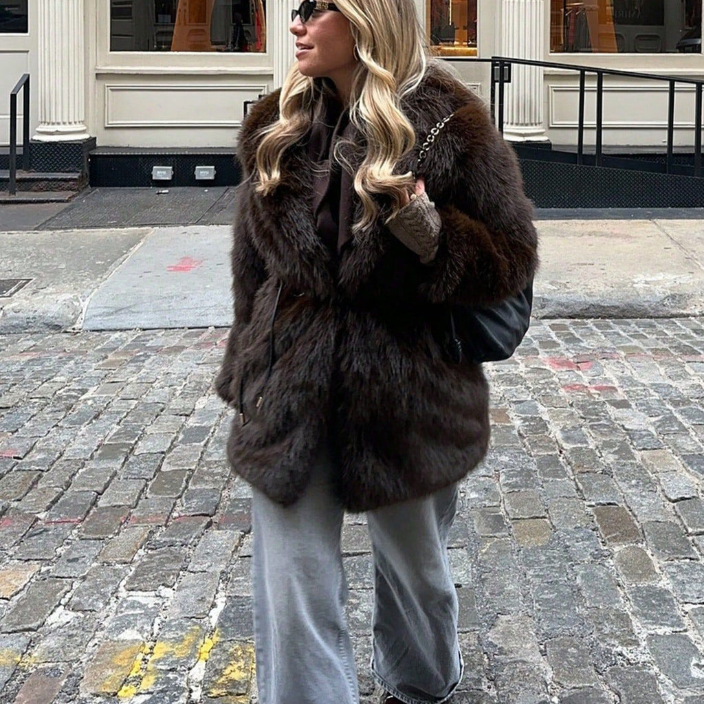 Women's Glamorous Faux Fur Coat with Wide Lapel and Waist Belt