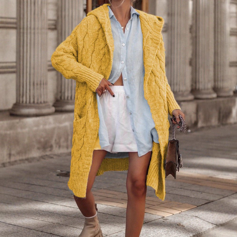 Women's Chunky Knit Cardigan with Open Cut and Hood