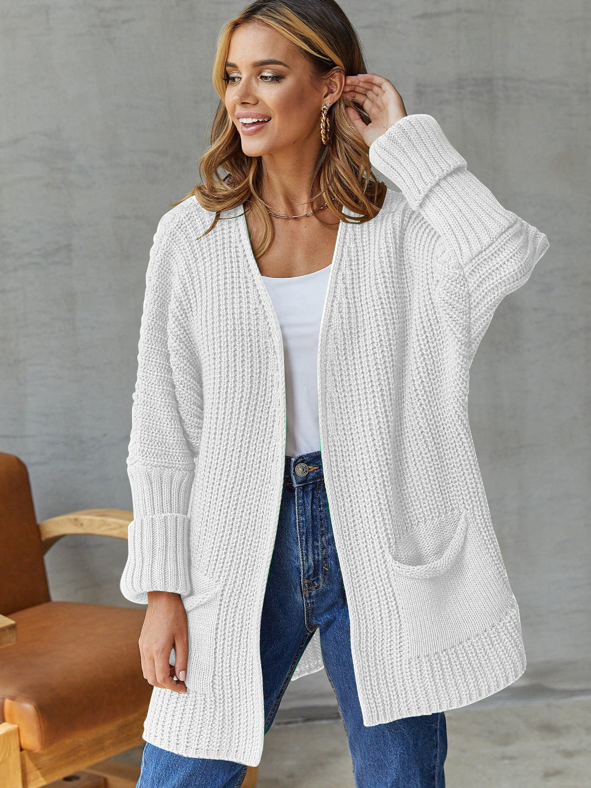 Women's Knit Cardigan with Large Pockets and Textured Design