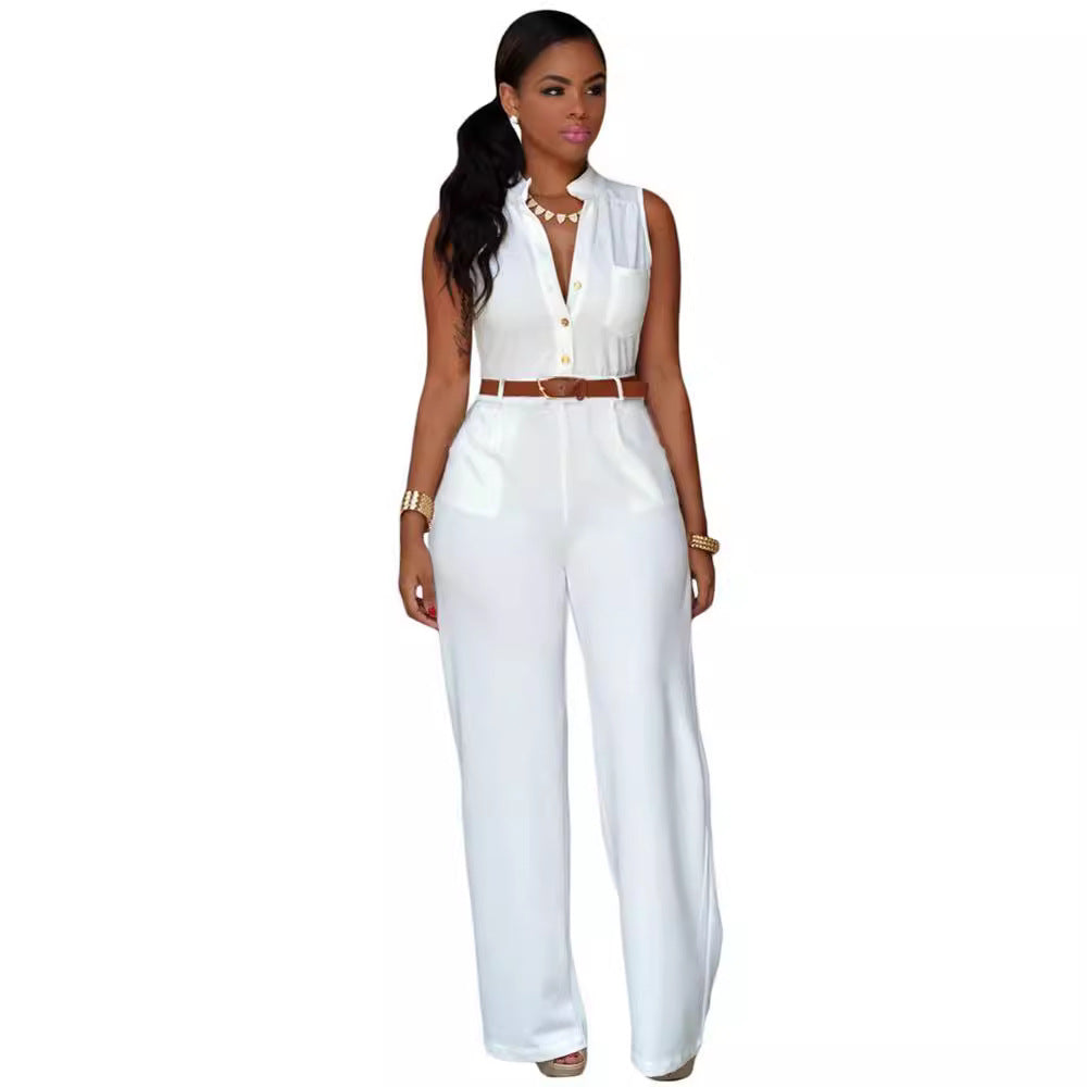 Women's Elegant Jumpsuit with Belt and Button Detail