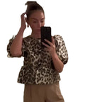 Leopard Print Short-Sleeve Blouse with Playful Ruffles