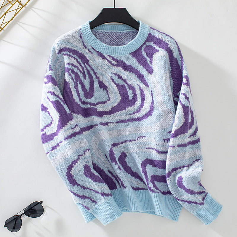 Women's Patterned Knit Pullover with Modern Wave Pattern and Round Neck