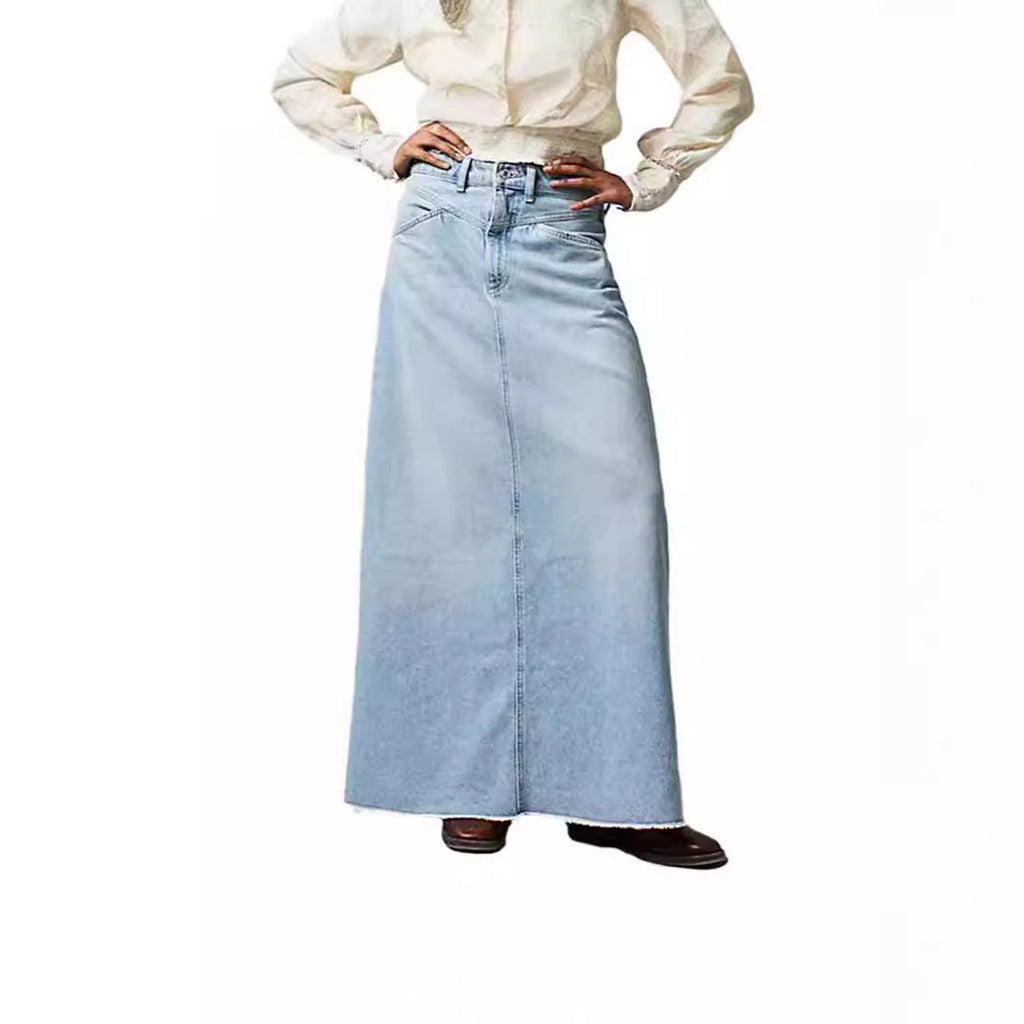 Women's Long Denim Skirt with High Waist and Pockets