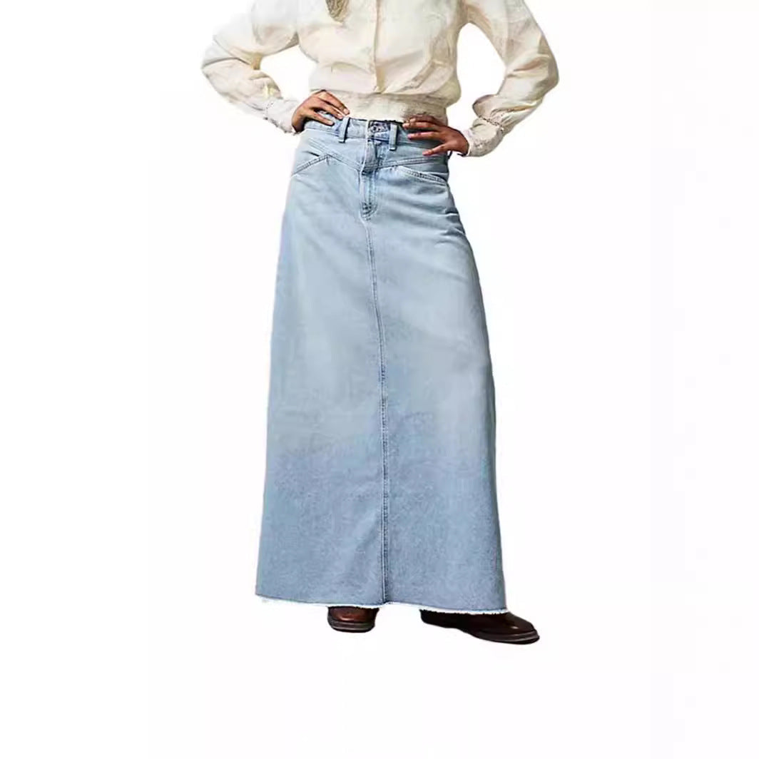 Women's Long Denim Skirt with High Waist and Pockets