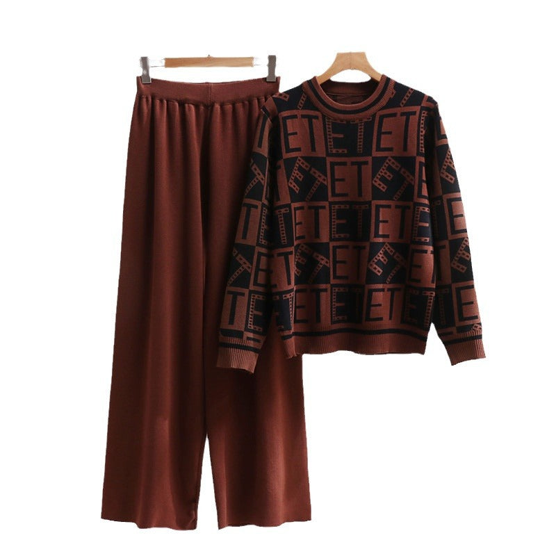 Women's Casual Knit Loungewear Set with Graphic Pattern and Wide Cut