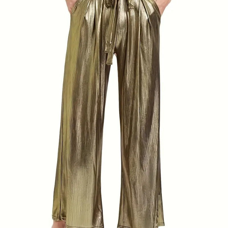 Women's Elegant Pleated Trousers with High-Gloss Finish
