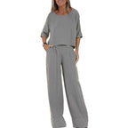 Women's Casual Linen Suit Set with Wide-Leg Pants and Cropped Top