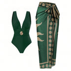 Women's Swimsuit with Feminine Wrap Skirt and Elegant Jewelry Detail