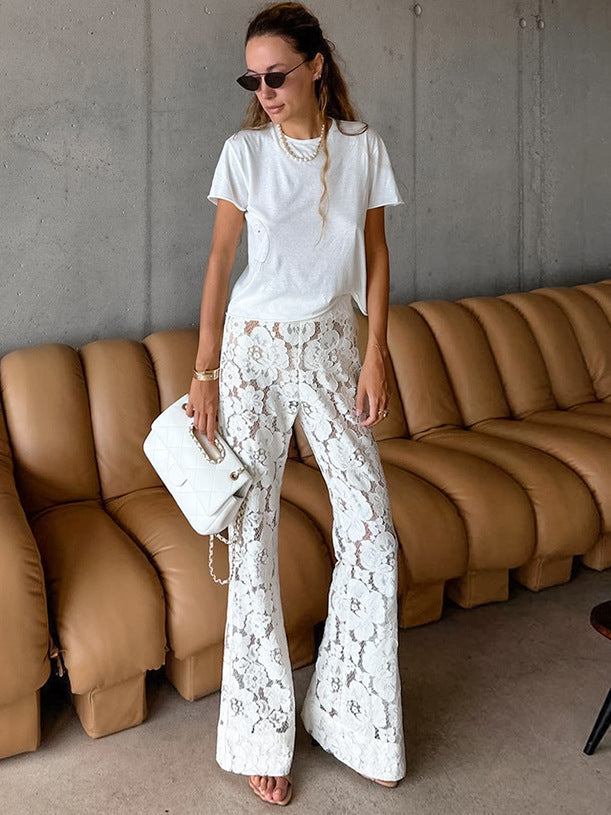 Women's Elegant Wide-Leg Lace Pants with Floral Details