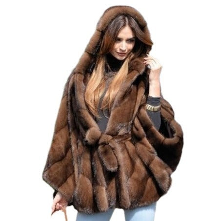 Women's Elegant Faux Fur Cape with Voluminous Hooded Collar and Belt