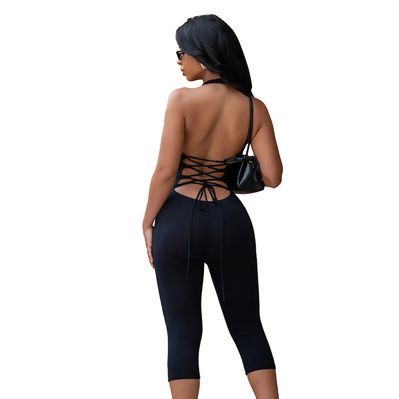 Women's Fitted Jersey Jumpsuit with Deep V-Neck and 3/4 Sleeves
