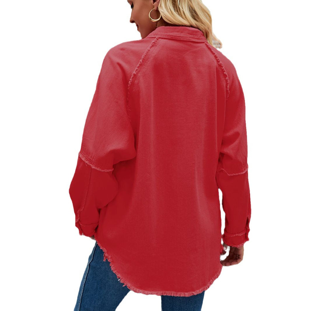 Women's Denim Jacket with Relaxed Fit and Frayed Details